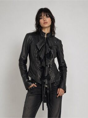 Pasha Veneto Ruffle and fringe genuine leather jacket